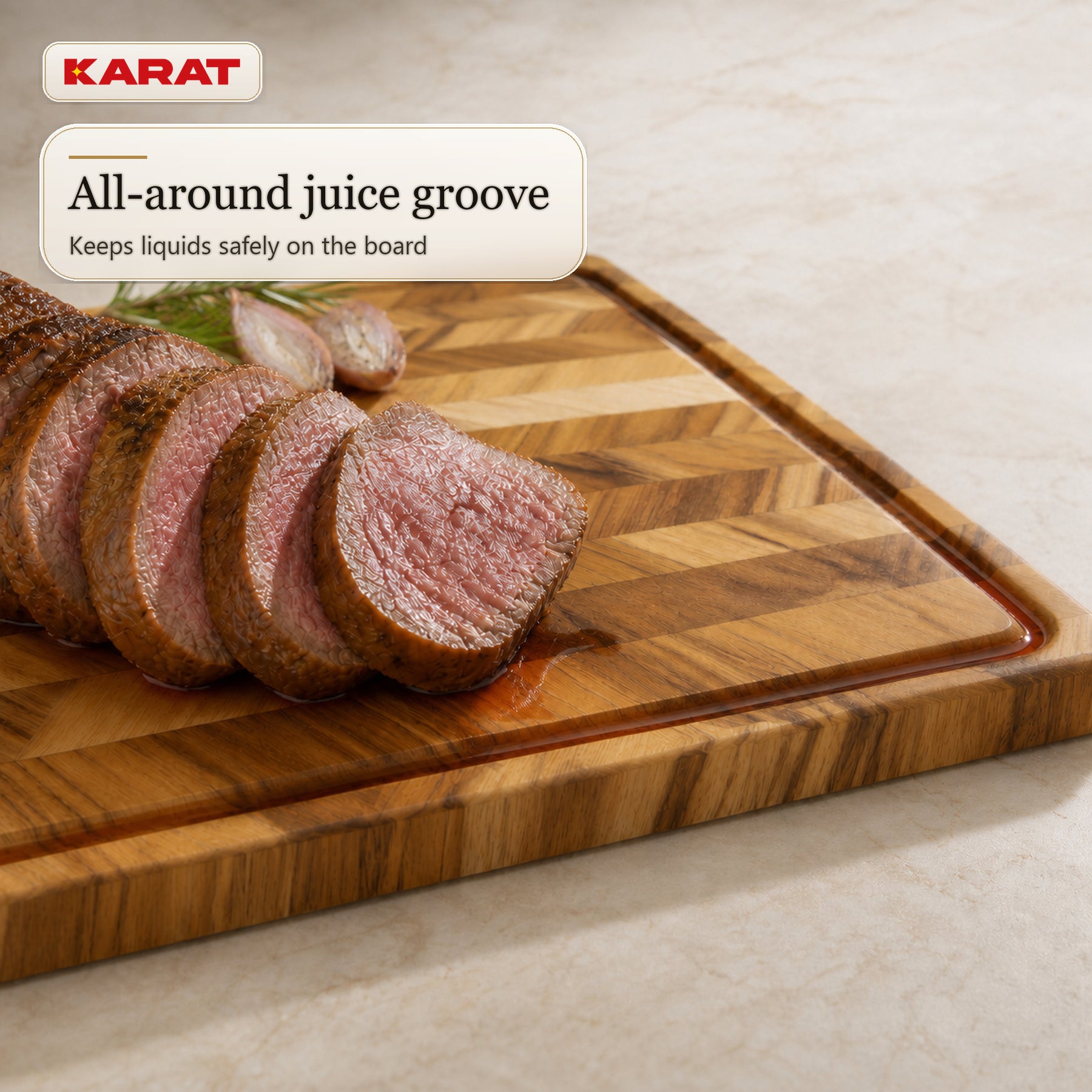 Cutting Board | Aurelin Teak Herringbone | Solid Teak Wood with Juice Groove & Handles | 3 Sizes