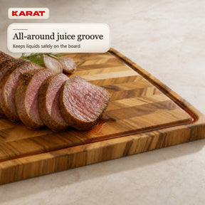 Cutting Board | Aurelin Teak Herringbone | Solid Teak Wood with Juice Groove & Handles | 3 Sizes