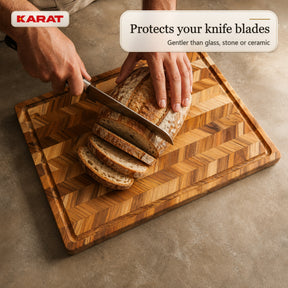 Cutting Board | Aurelin Teak Herringbone | Solid Teak Wood with Juice Groove & Handles | 3 Sizes