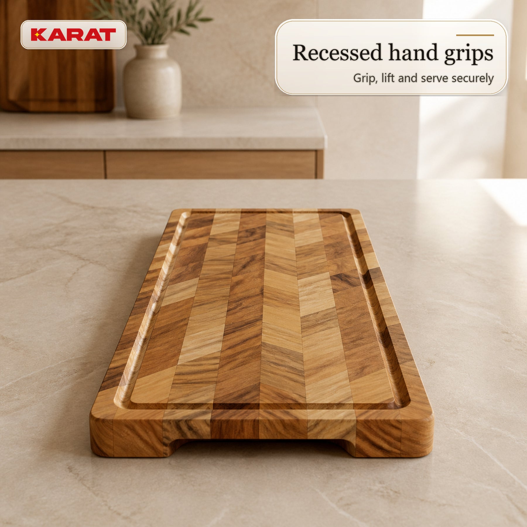 Cutting Board | Aurelin Teak Herringbone | Solid Teak Wood with Juice Groove & Handles | 3 Sizes