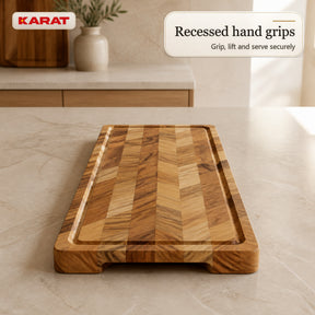 Cutting Board | Aurelin Teak Herringbone | Solid Teak Wood with Juice Groove & Handles | 3 Sizes