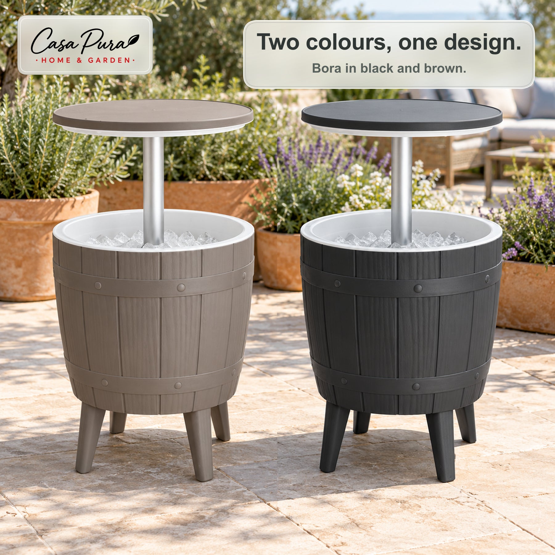 Drinks Cooler Table | Bora | Height-Adjustable Garden Table with 37 L Ice Cooler in Barrel Design | 2 Colours