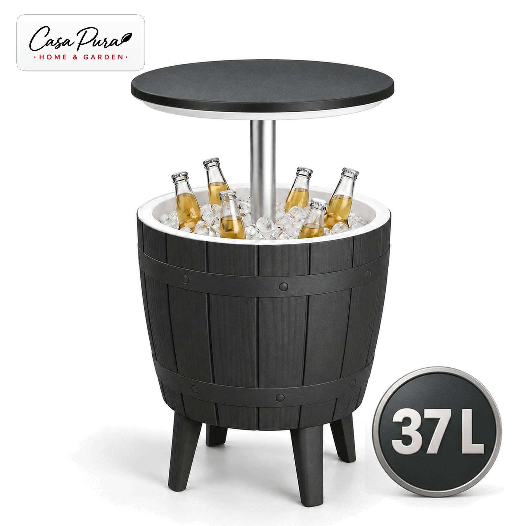 Drinks Cooler Table | Bora | Height-Adjustable Garden Table with 37 L Ice Cooler in Barrel Design | 2 Colours