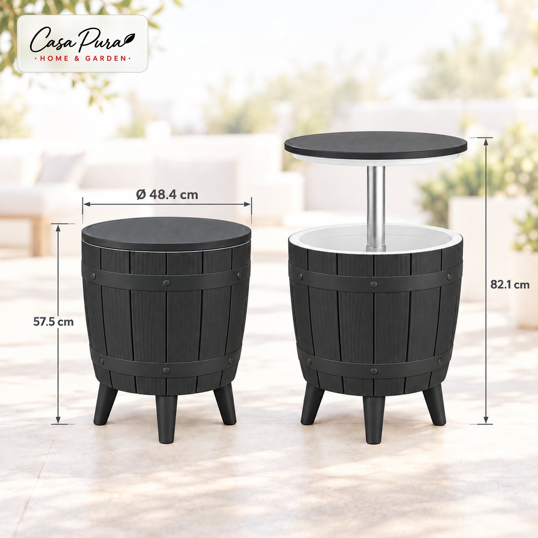 Drinks Cooler Table | Bora | Height-Adjustable Garden Table with 37 L Ice Cooler in Barrel Design | 2 Colours