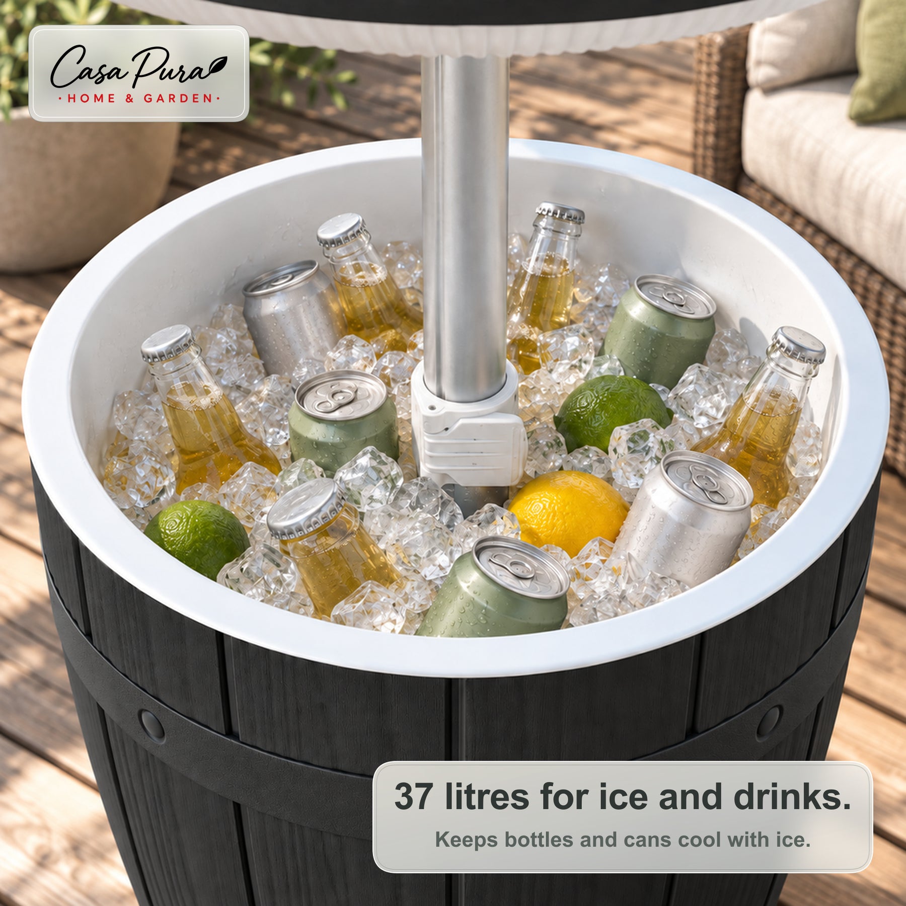 Drinks Cooler Table | Bora | Height-Adjustable Garden Table with 37 L Ice Cooler in Barrel Design | 2 Colours