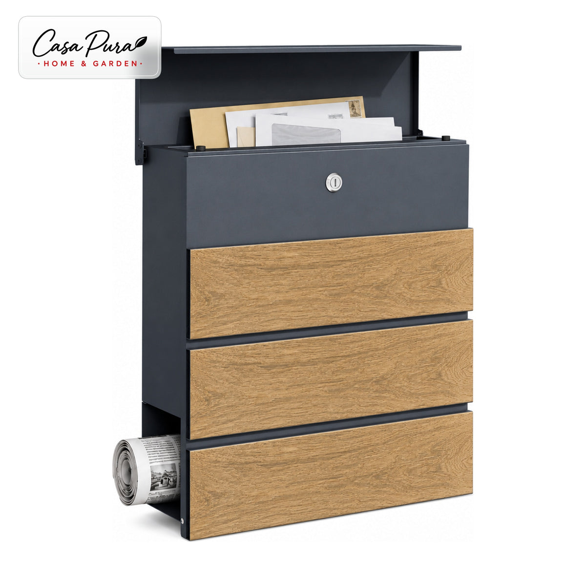 Mailbox Roland | Modern Wall Mounted Mailbox with Newspaper Compartment | Anthracite Wood Look