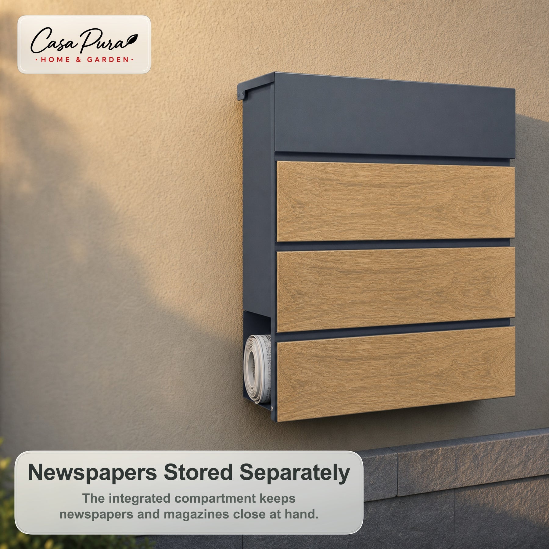 Mailbox Roland | Modern Wall Mounted Mailbox with Newspaper Compartment | Anthracite Wood Look