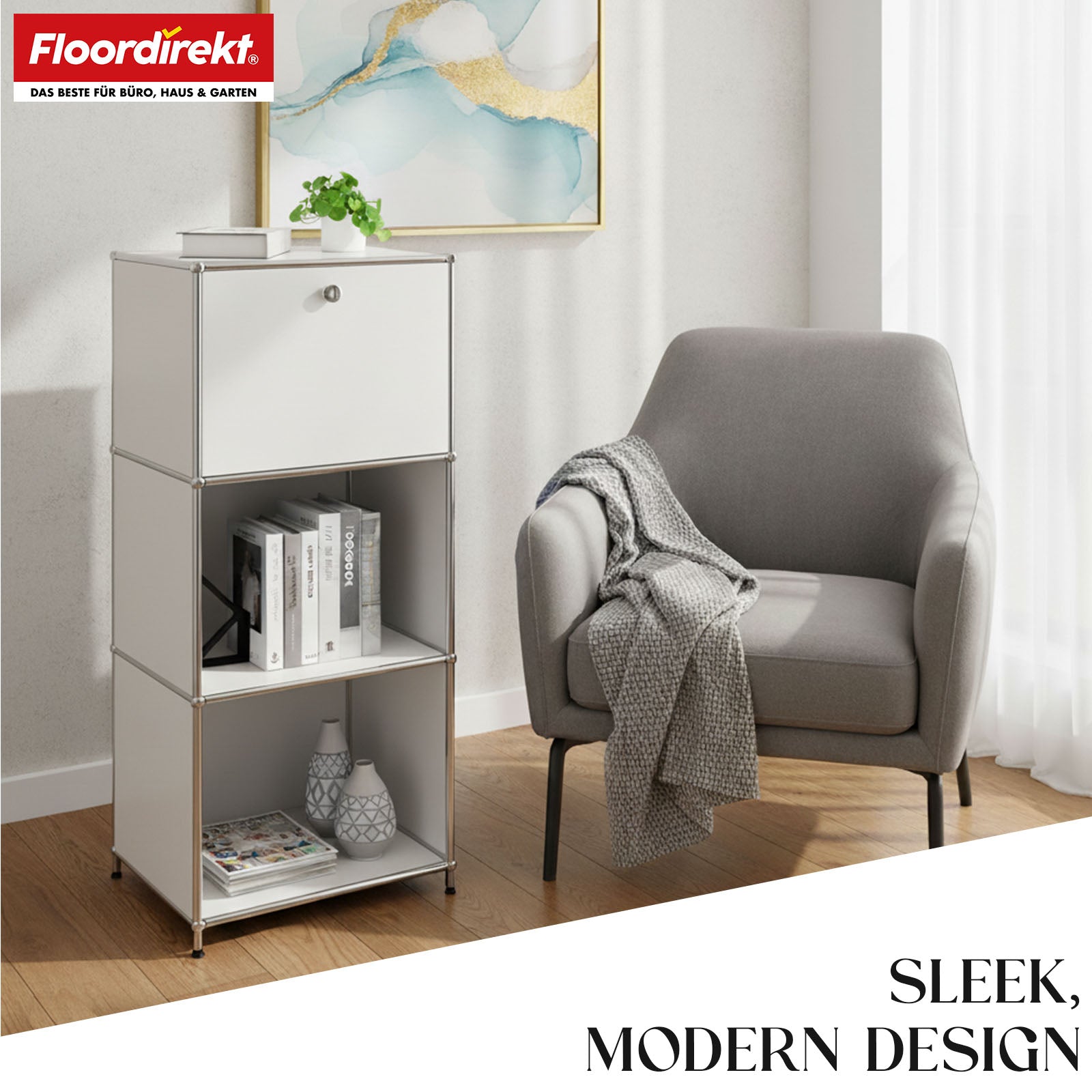 Metal shelving unit | Concept Epure MK-107 | 4-tier storage shelving unit with lockable compartment & shelves | Available in various colours