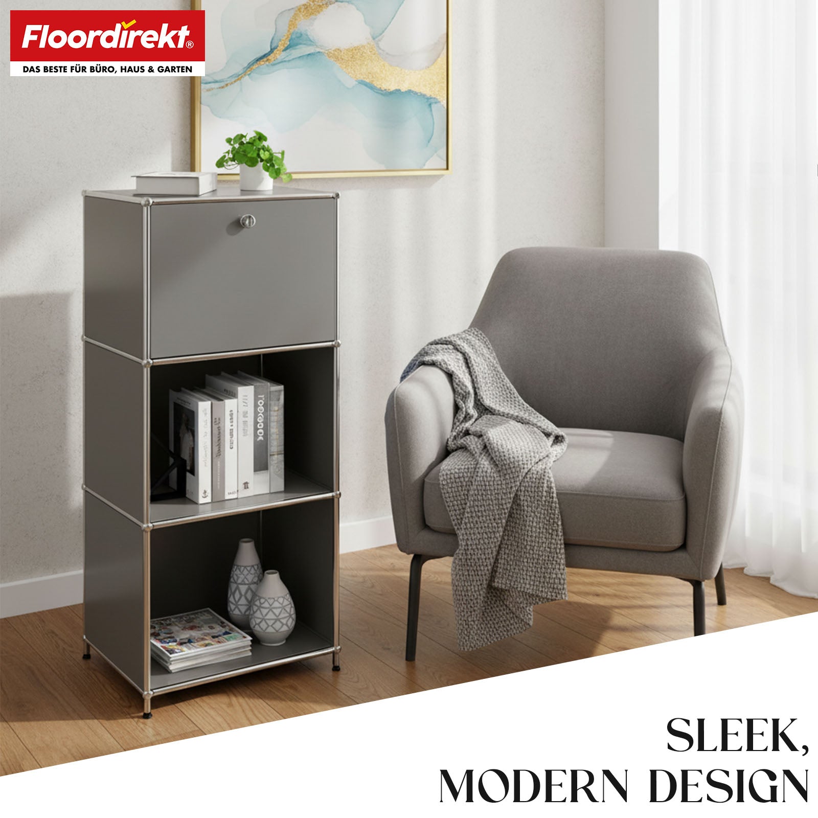 Metal shelving unit | Concept Epure MK-107 | 4-tier storage shelving unit with lockable compartment & shelves | Available in various colours