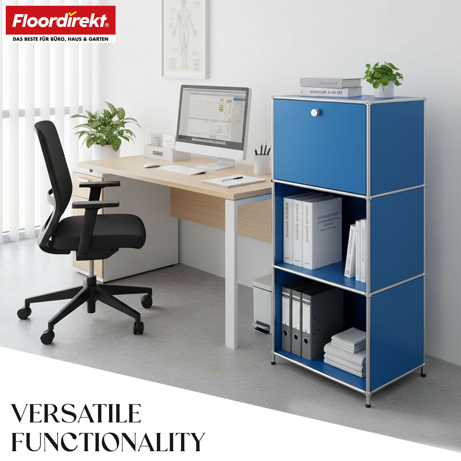 Metal shelving unit | Concept Epure MK-107 | 4-tier storage shelving unit with lockable compartment & shelves | Available in various colours