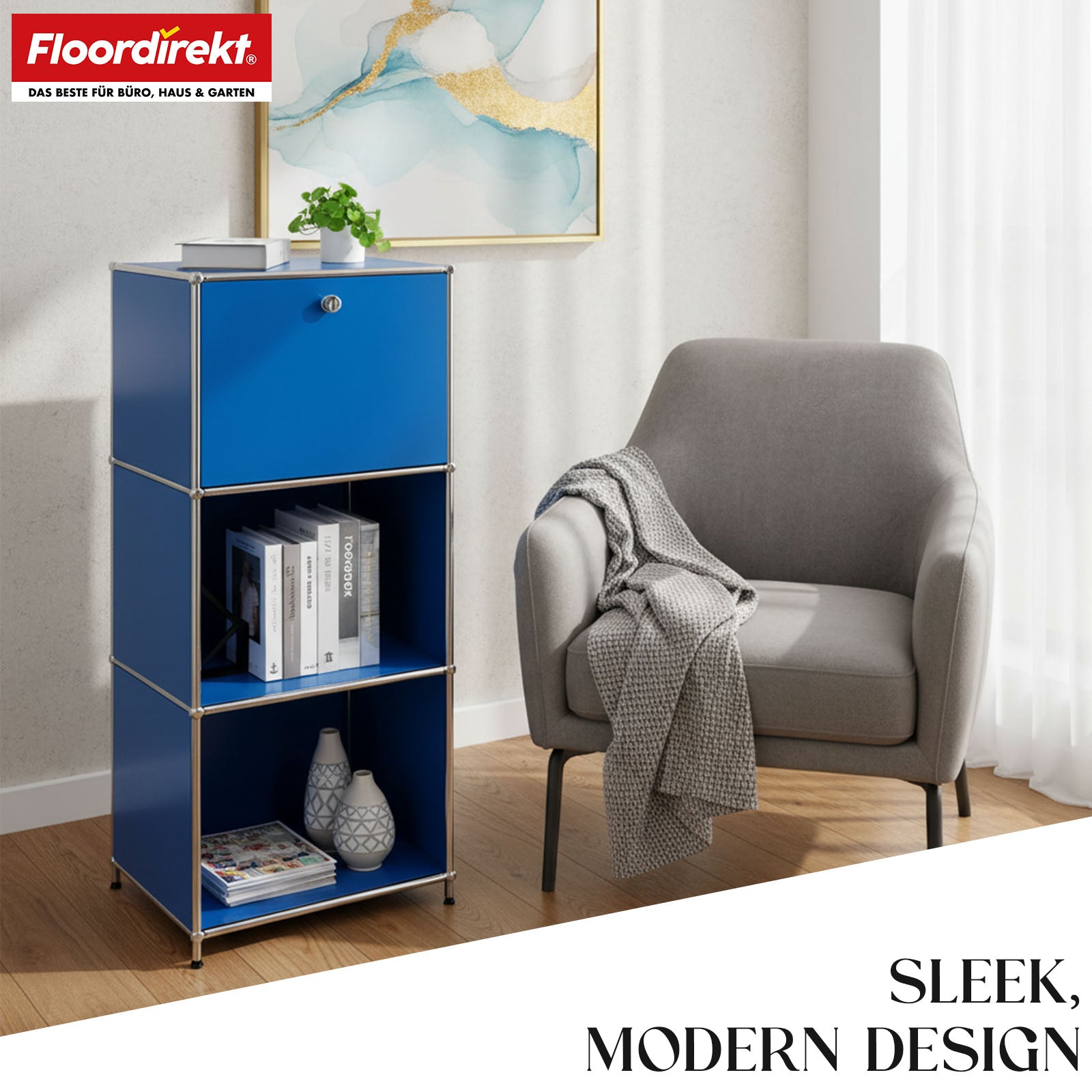 Metal shelving unit | Concept Epure MK-107 | 4-tier storage shelving unit with lockable compartment & shelves | Available in various colours