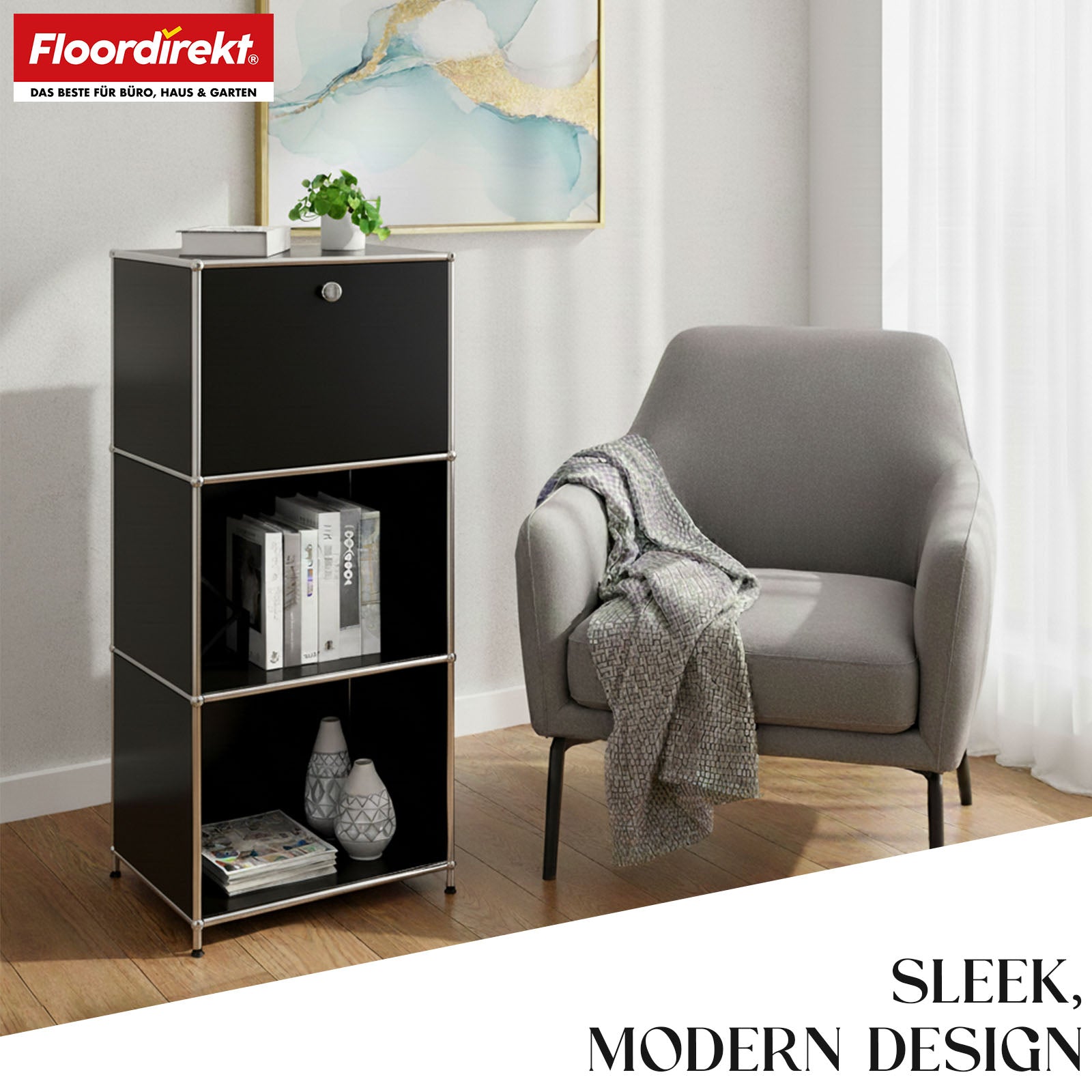 Metal shelving unit | Concept Epure MK-107 | 4-tier storage shelving unit with lockable compartment & shelves | Available in various colours