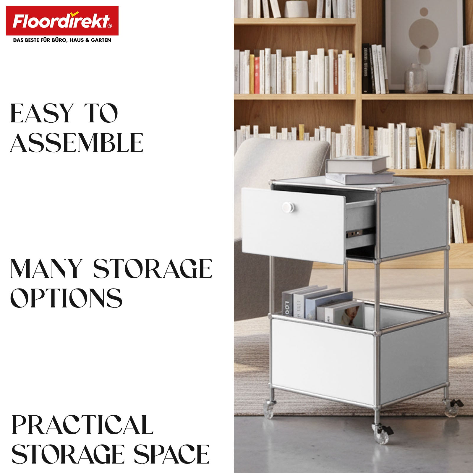 Metal shelving unit | Concept Epure MK-145 | 3-tier rolling container with drawer & shelves | Available in several colours