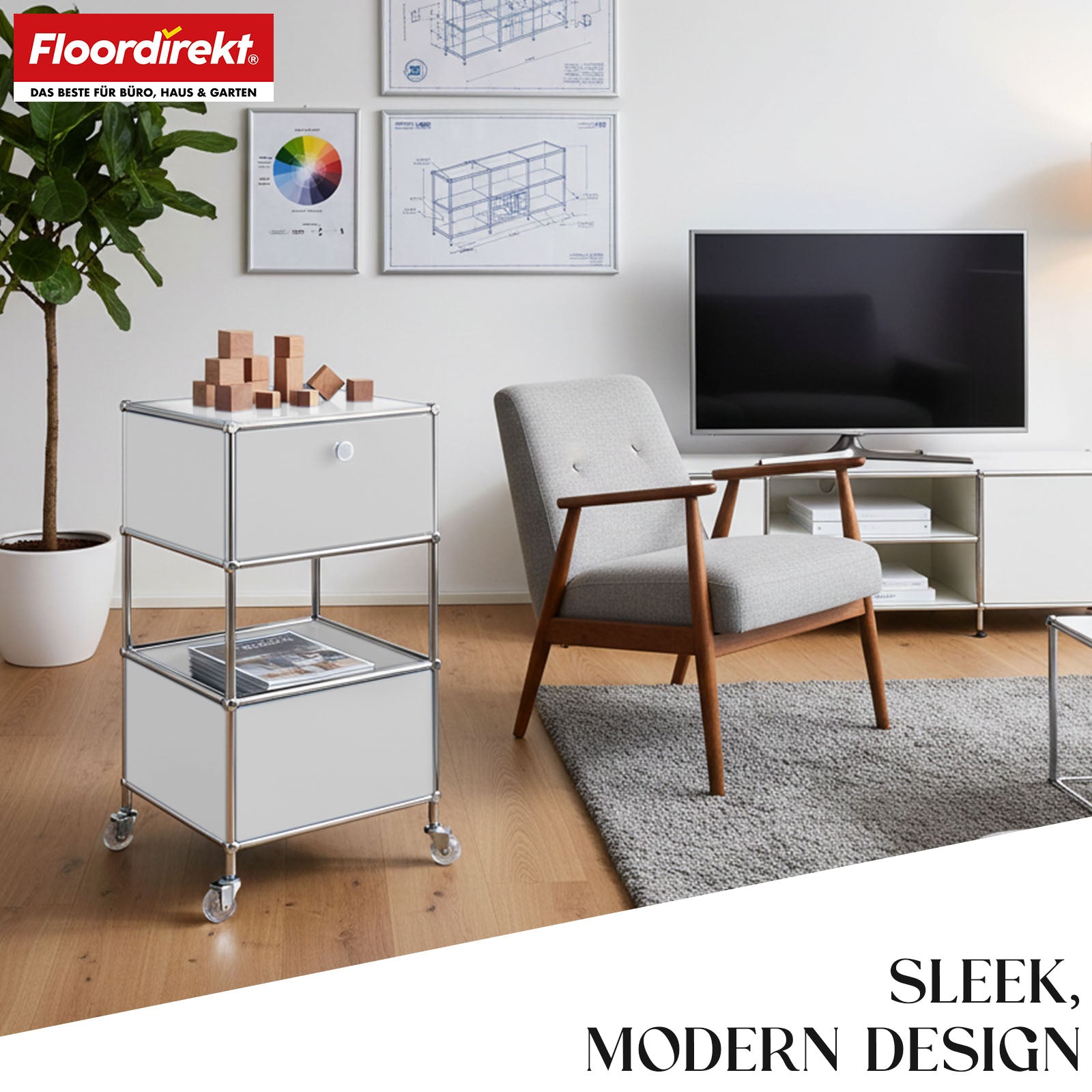 Metal shelving unit | Concept Epure MK-145 | 3-tier rolling container with drawer & shelves | Available in several colours