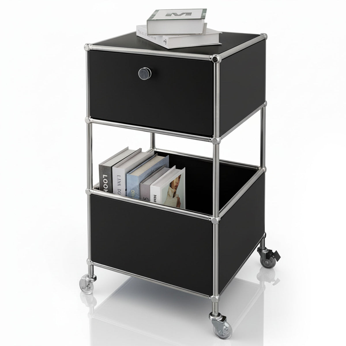 Metal shelving unit | Concept Epure MK-145 | 3-tier rolling container with drawer & shelves | Available in several colours