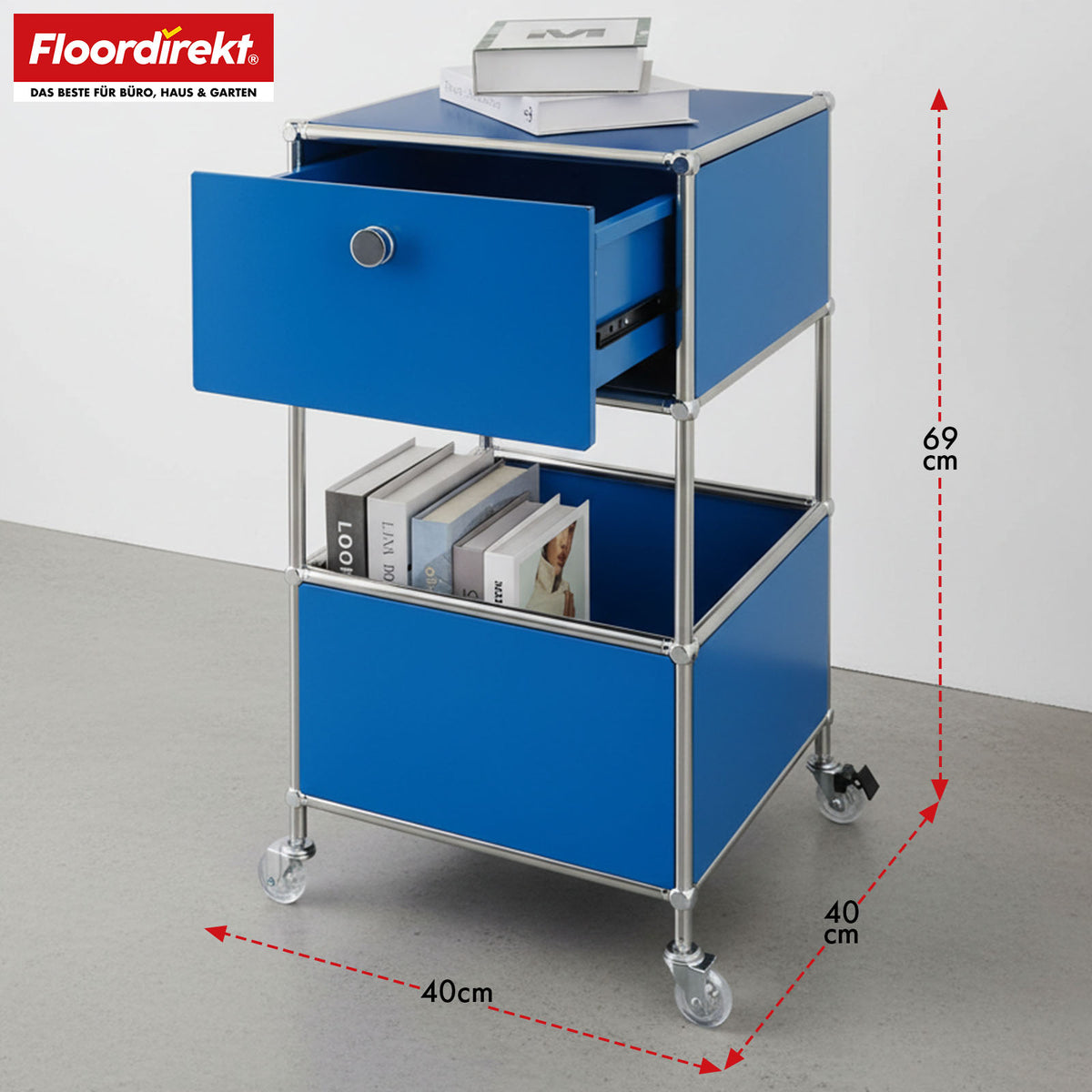 Metal shelving unit | Concept Epure MK-145 | 3-tier rolling container with drawer & shelves | Available in several colours