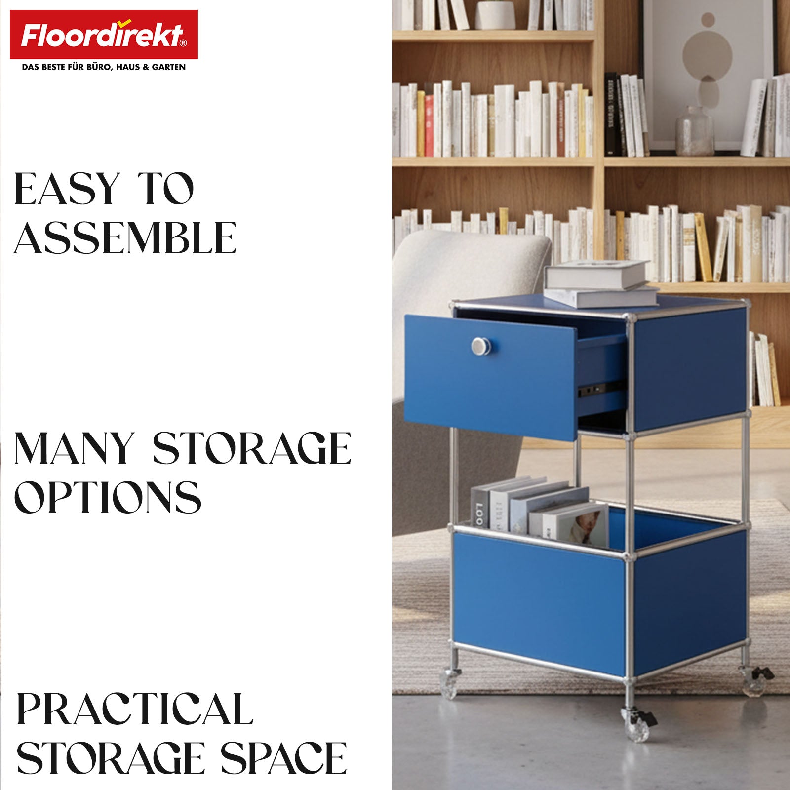 Metal shelving unit | Concept Epure MK-145 | 3-tier rolling container with drawer & shelves | Available in several colours