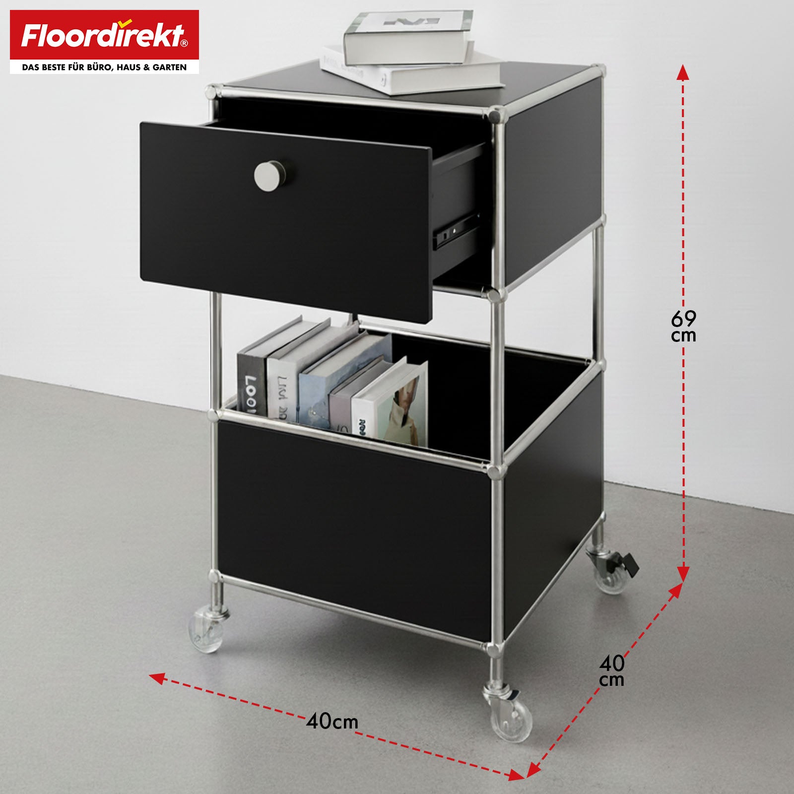 Metal shelving unit | Concept Epure MK-145 | 3-tier rolling container with drawer & shelves | Available in several colours