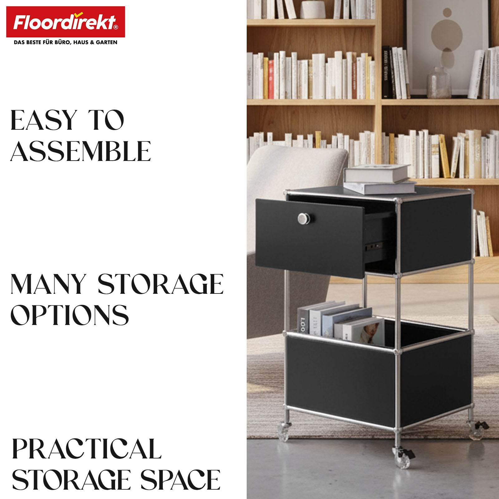 Metal shelving unit | Concept Epure MK-145 | 3-tier rolling container with drawer & shelves | Available in several colours