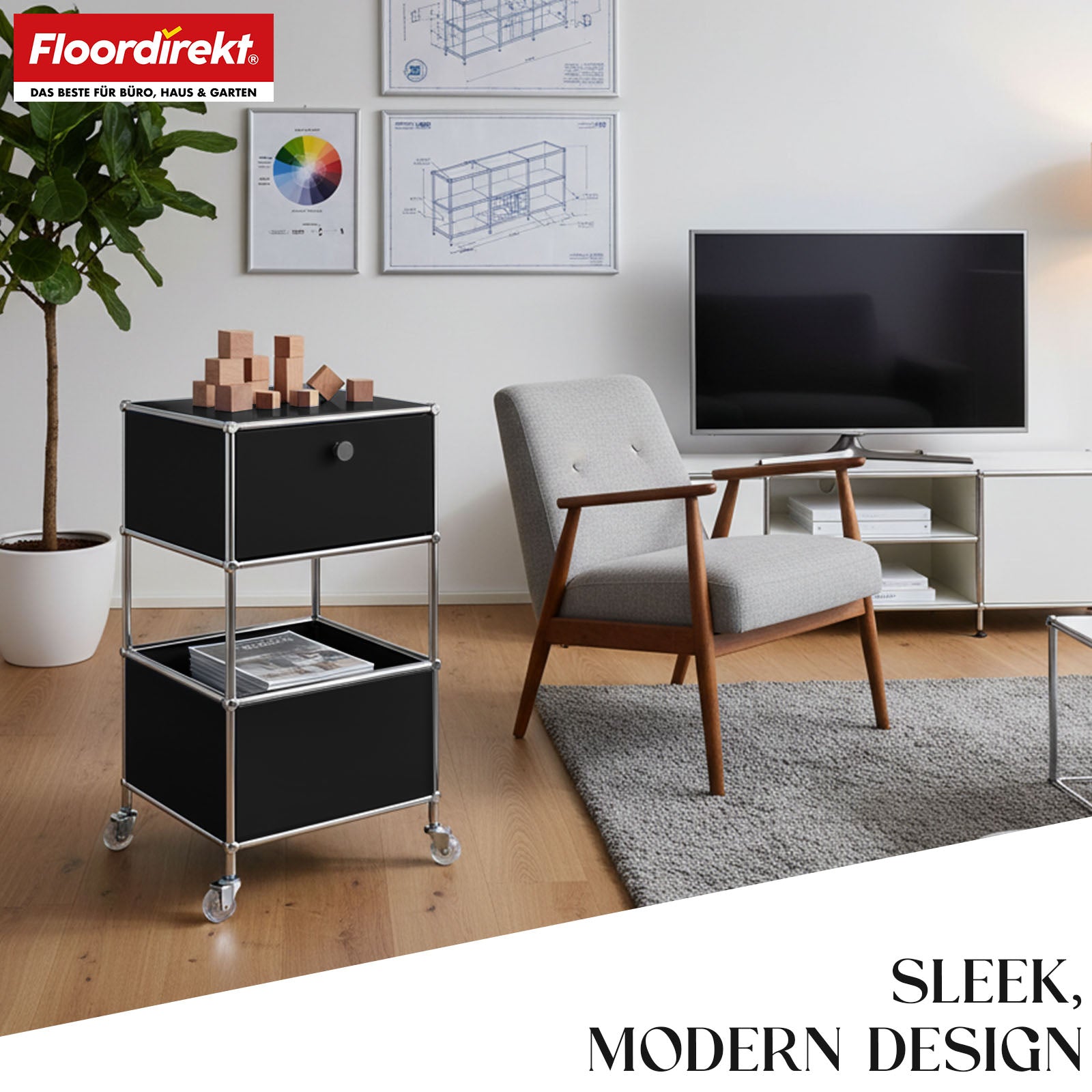 Metal shelving unit | Concept Epure MK-145 | 3-tier rolling container with drawer & shelves | Available in several colours