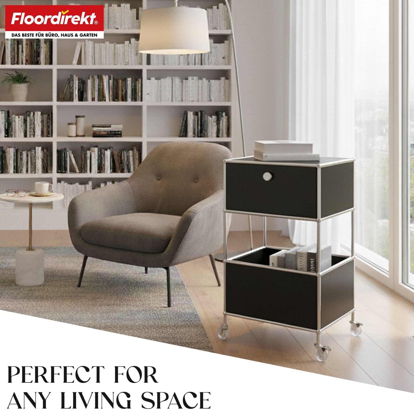 Metal shelving unit | Concept Epure MK-145 | 3-tier rolling container with drawer & shelves | Available in several colours