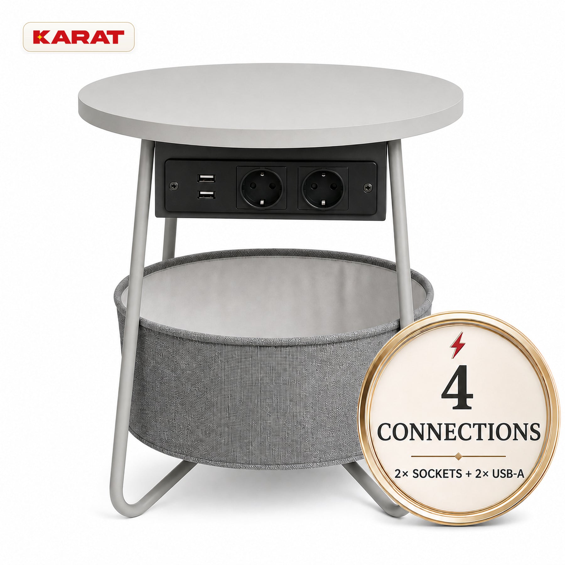 Side Table | Dario | Round Coffee Table with 2 Power Sockets, 2 USB-A & Storage Basket | Ø 45 cm | 4 Colours