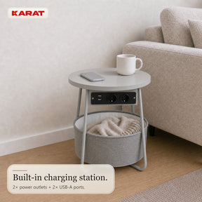 Side Table | Dario | Round Coffee Table with 2 Power Sockets, 2 USB-A & Storage Basket | Ø 45 cm | 4 Colours