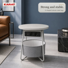 Side Table | Dario | Round Coffee Table with 2 Power Sockets, 2 USB-A & Storage Basket | Ø 45 cm | 4 Colours