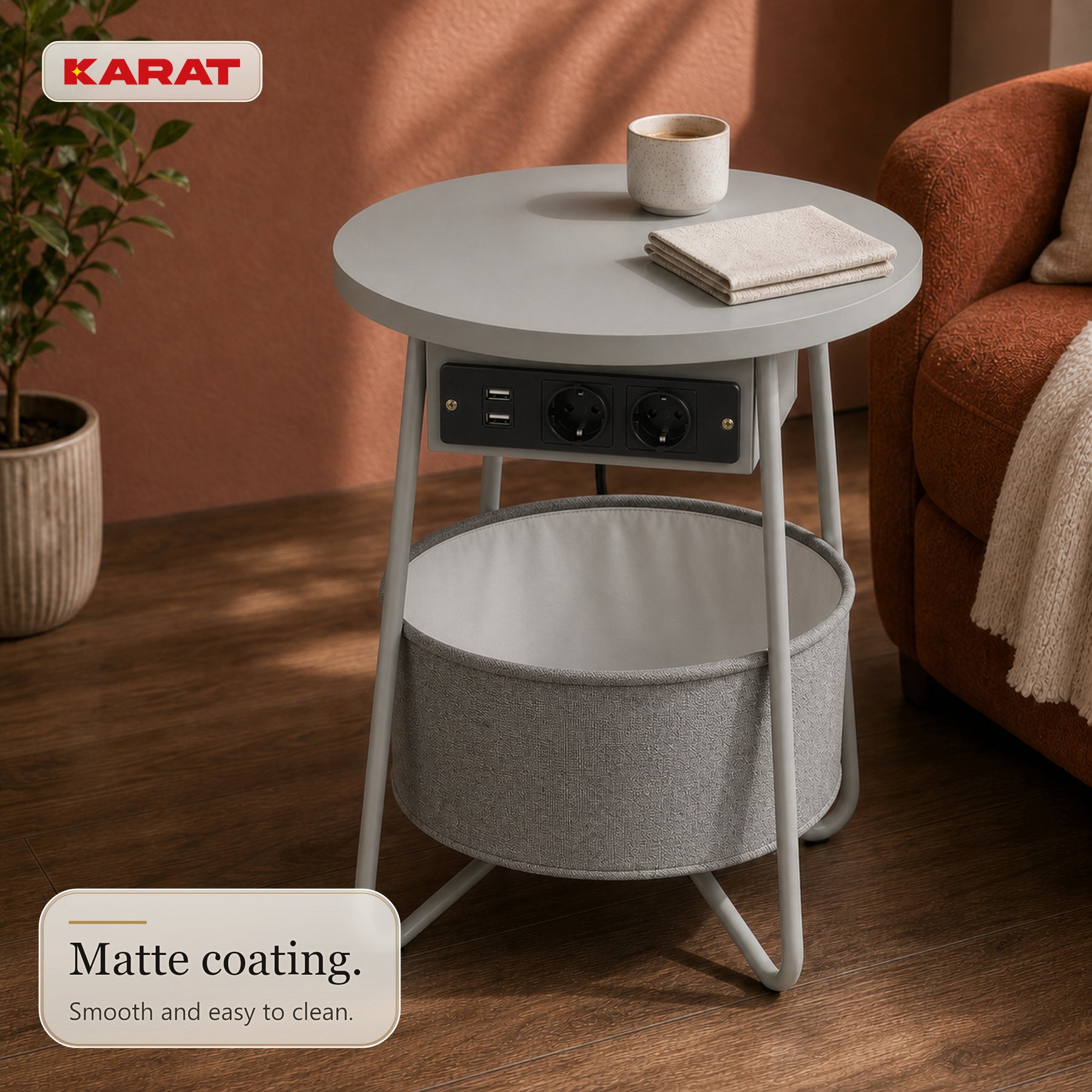 Side Table | Dario | Round Coffee Table with 2 Power Sockets, 2 USB-A & Storage Basket | Ø 45 cm | 4 Colours