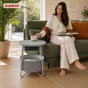 Side Table | Dario | Round Coffee Table with 2 Power Sockets, 2 USB-A & Storage Basket | Ø 45 cm | 4 Colours