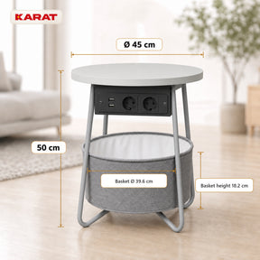 Side Table | Dario | Round Coffee Table with 2 Power Sockets, 2 USB-A & Storage Basket | Ø 45 cm | 4 Colours