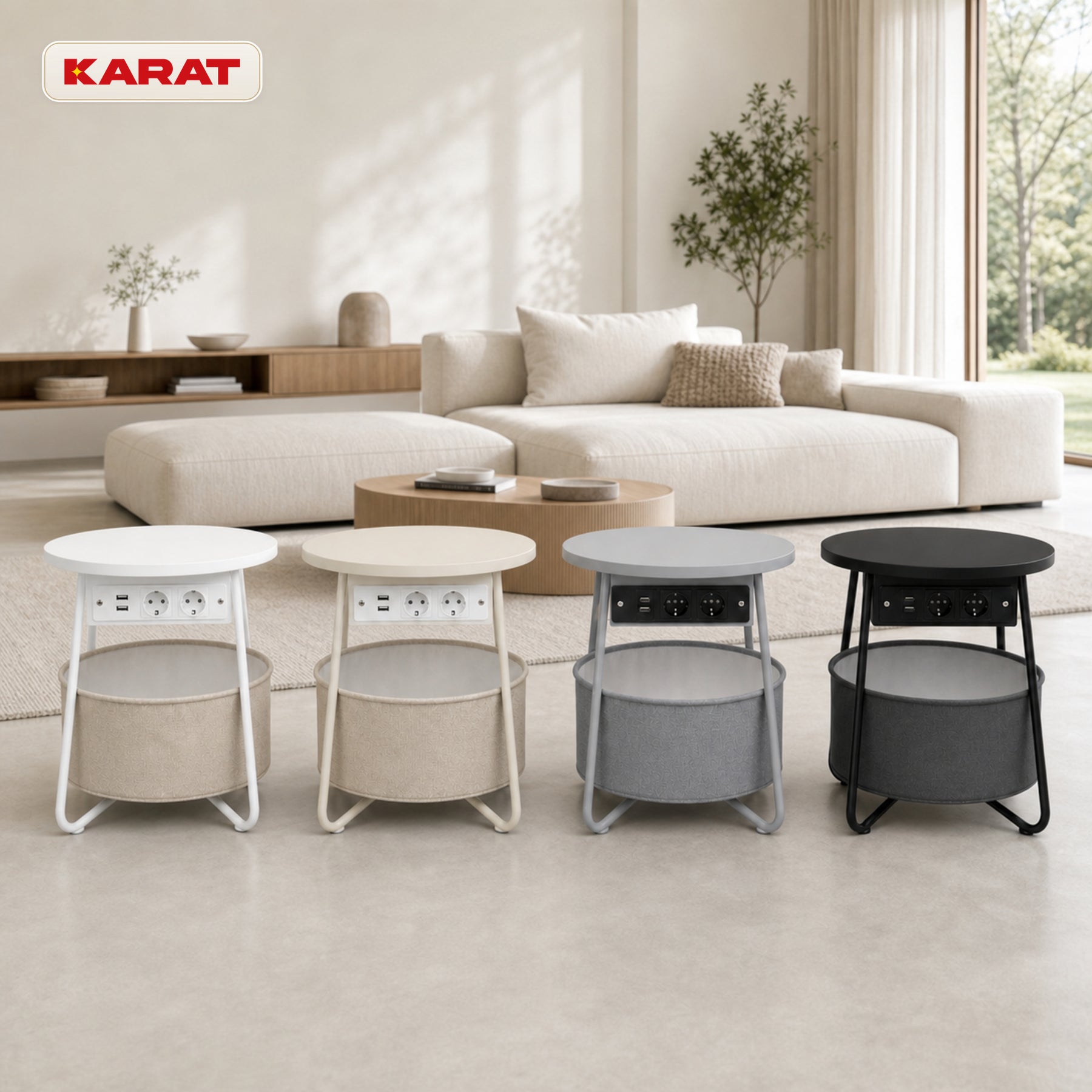 Side Table | Dario | Round Coffee Table with 2 Power Sockets, 2 USB-A & Storage Basket | Ø 45 cm | 4 Colours
