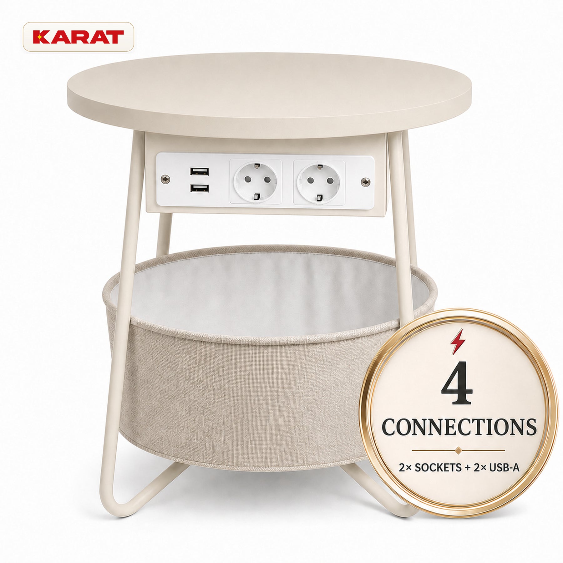 Side Table | Dario | Round Coffee Table with 2 Power Sockets, 2 USB-A & Storage Basket | Ø 45 cm | 4 Colours