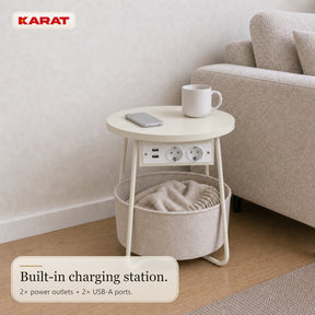 Side Table | Dario | Round Coffee Table with 2 Power Sockets, 2 USB-A & Storage Basket | Ø 45 cm | 4 Colours
