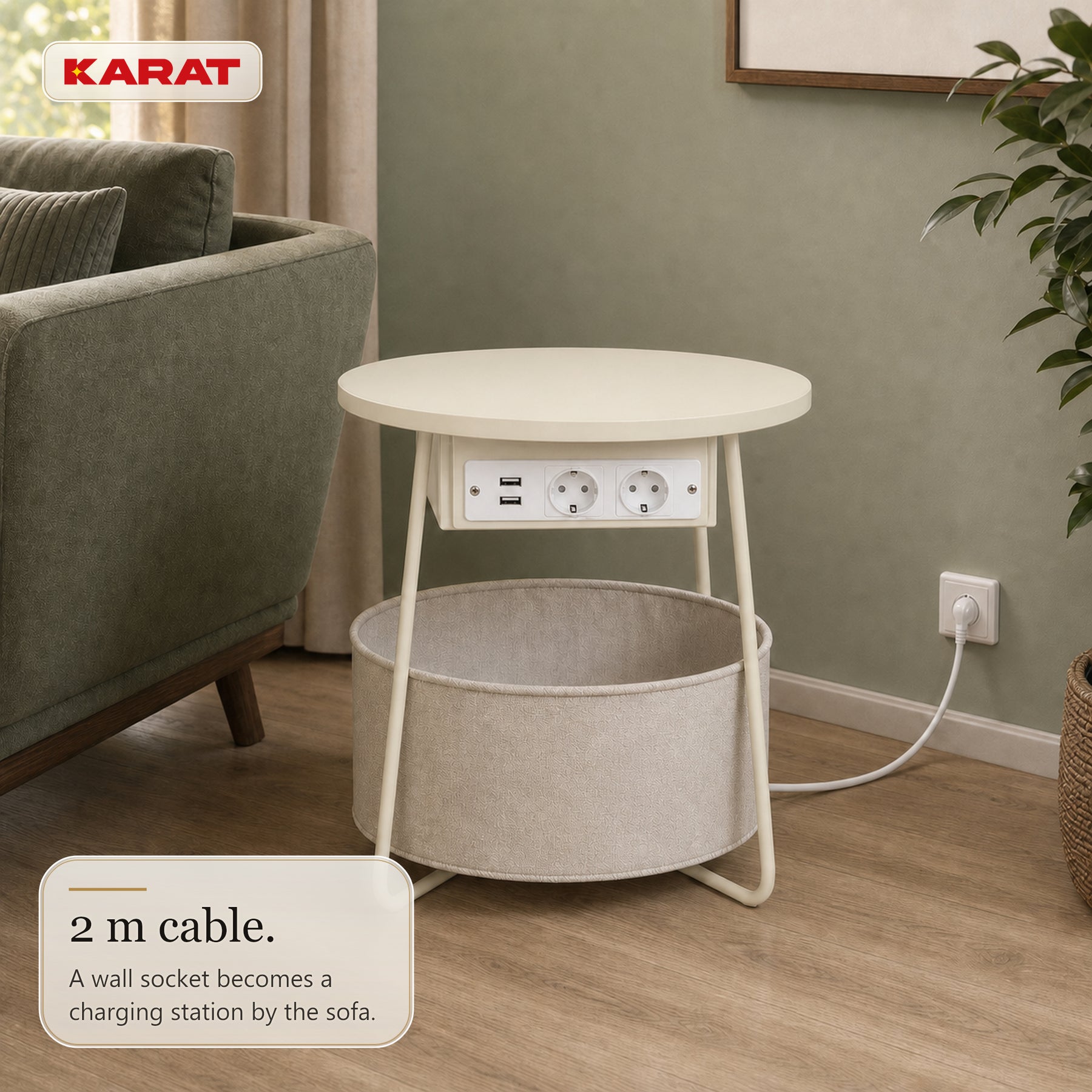 Side Table | Dario | Round Coffee Table with 2 Power Sockets, 2 USB-A & Storage Basket | Ø 45 cm | 4 Colours