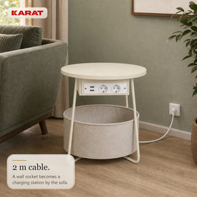 Side Table | Dario | Round Coffee Table with 2 Power Sockets, 2 USB-A & Storage Basket | Ø 45 cm | 4 Colours