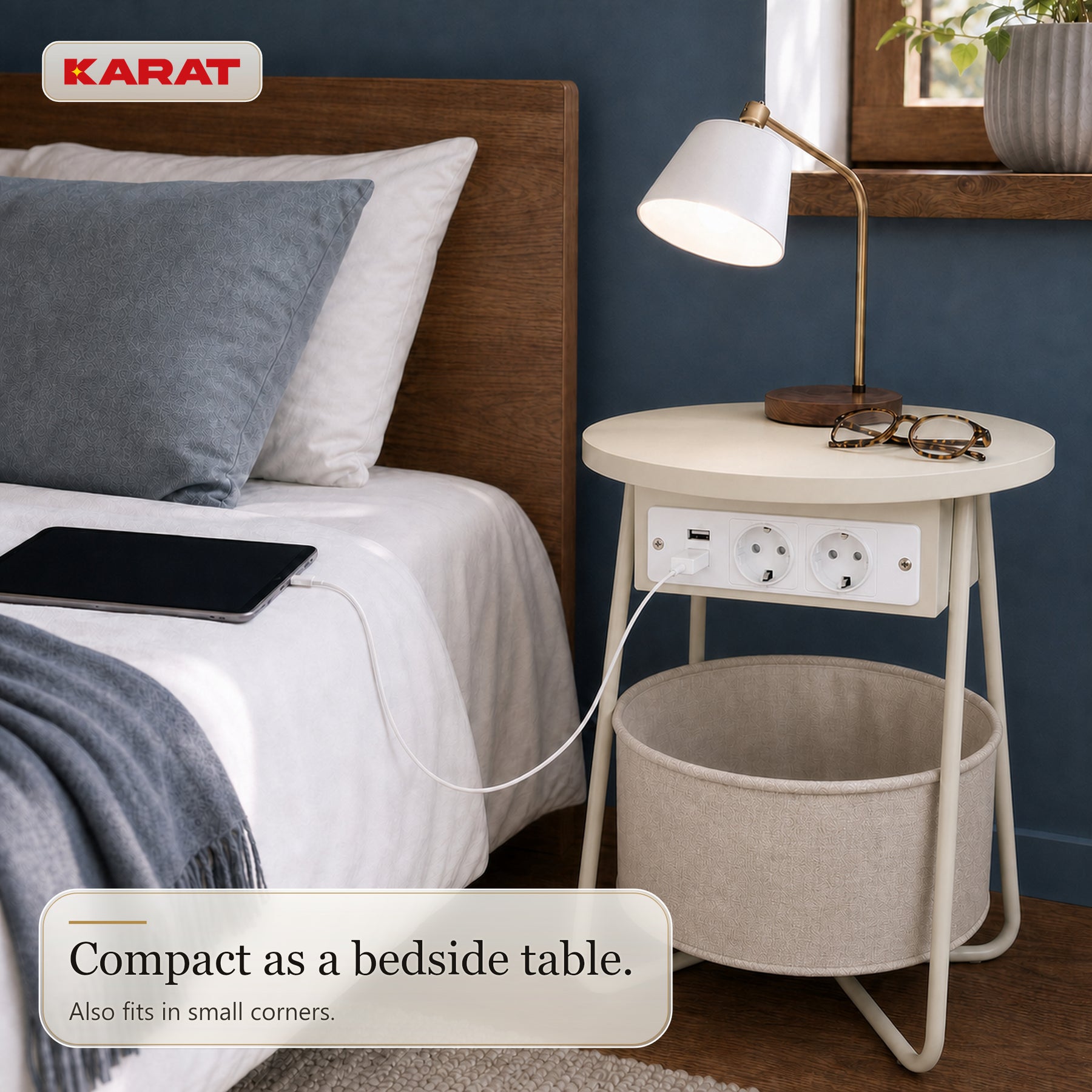 Side Table | Dario | Round Coffee Table with 2 Power Sockets, 2 USB-A & Storage Basket | Ø 45 cm | 4 Colours
