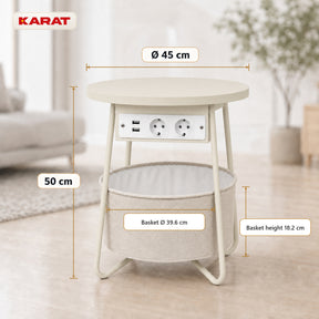 Side Table | Dario | Round Coffee Table with 2 Power Sockets, 2 USB-A & Storage Basket | Ø 45 cm | 4 Colours