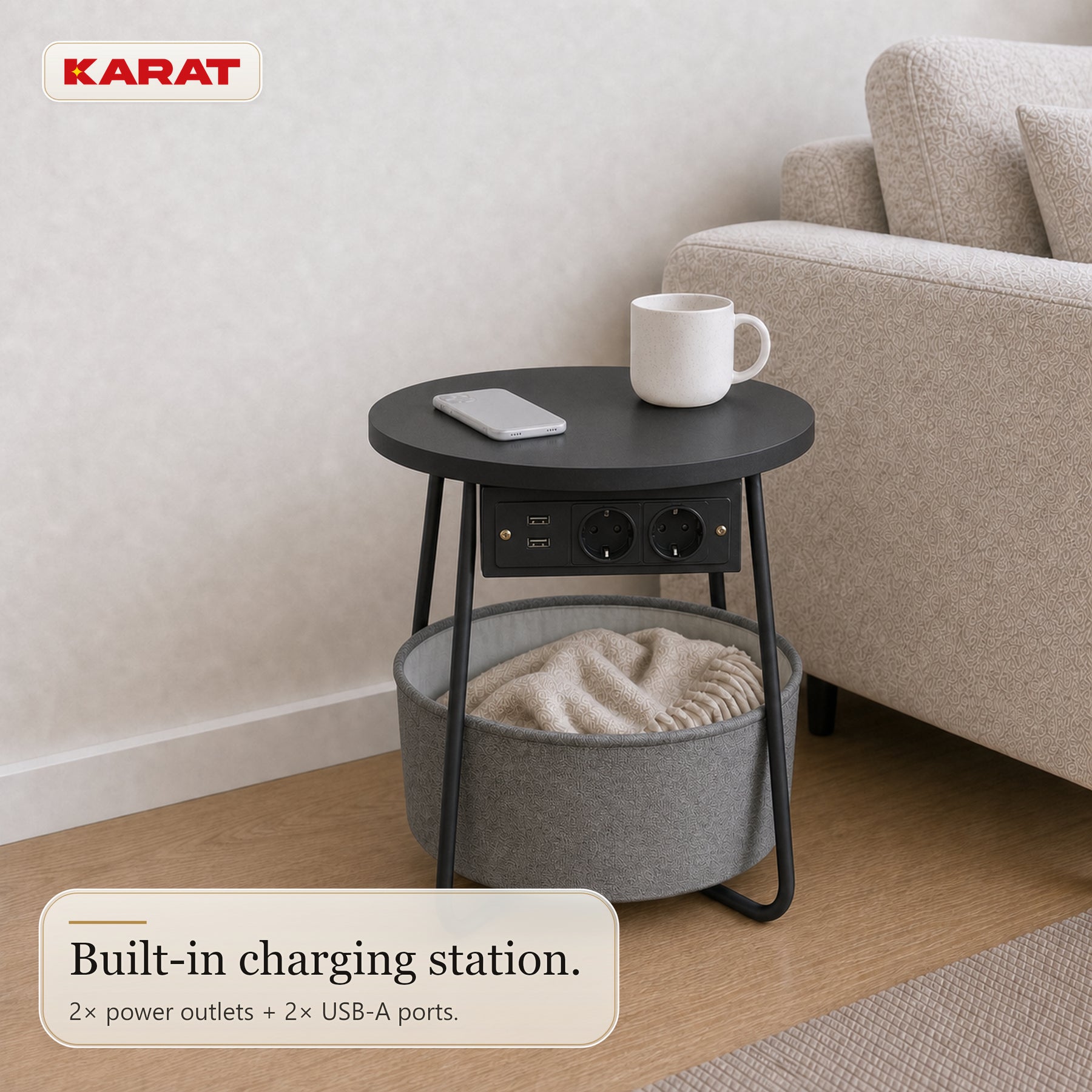 Side Table | Dario | Round Coffee Table with 2 Power Sockets, 2 USB-A & Storage Basket | Ø 45 cm | 4 Colours