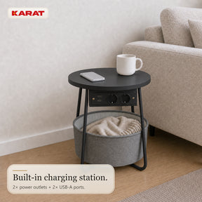 Side Table | Dario | Round Coffee Table with 2 Power Sockets, 2 USB-A & Storage Basket | Ø 45 cm | 4 Colours