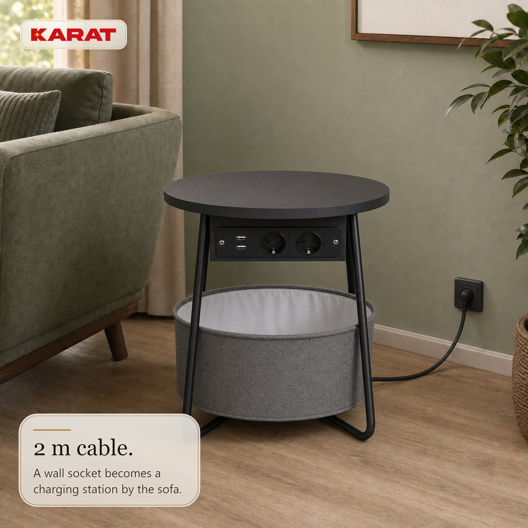 Side Table | Dario | Round Coffee Table with 2 Power Sockets, 2 USB-A & Storage Basket | Ø 45 cm | 4 Colours