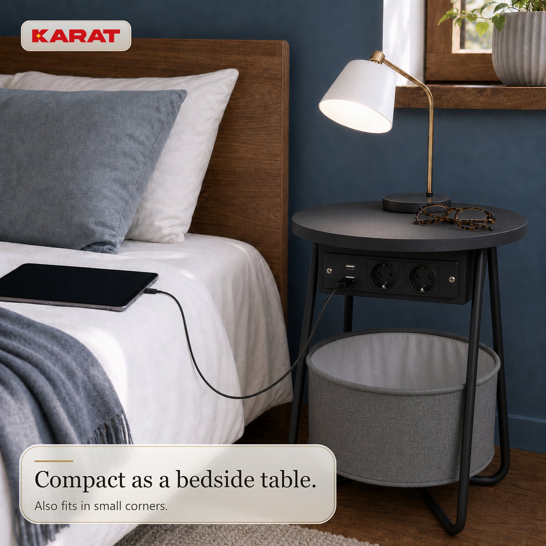 Side Table | Dario | Round Coffee Table with 2 Power Sockets, 2 USB-A & Storage Basket | Ø 45 cm | 4 Colours