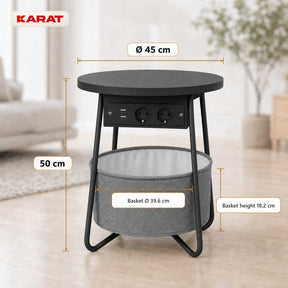 Side Table | Dario | Round Coffee Table with 2 Power Sockets, 2 USB-A & Storage Basket | Ø 45 cm | 4 Colours
