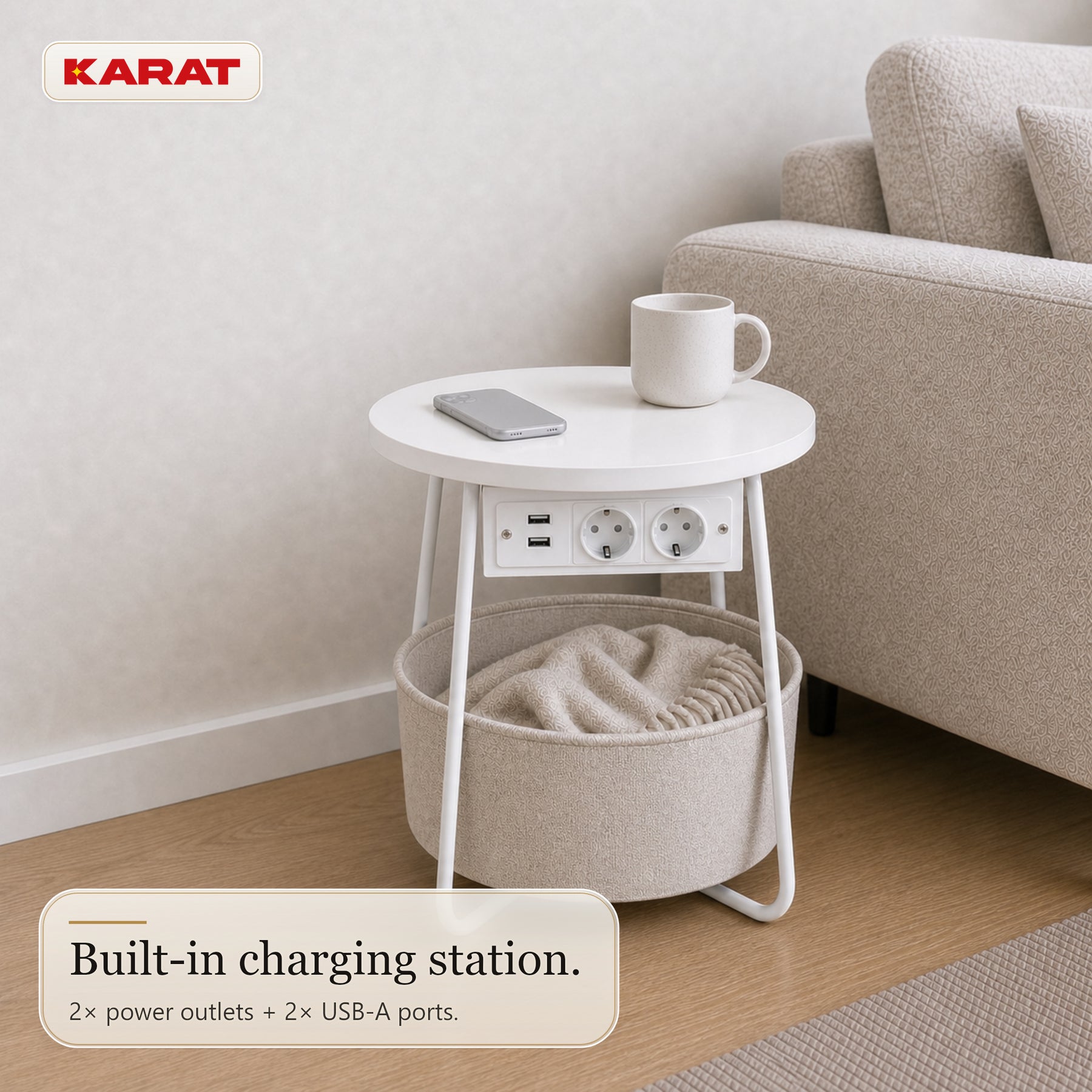 Side Table | Dario | Round Coffee Table with 2 Power Sockets, 2 USB-A & Storage Basket | Ø 45 cm | 4 Colours