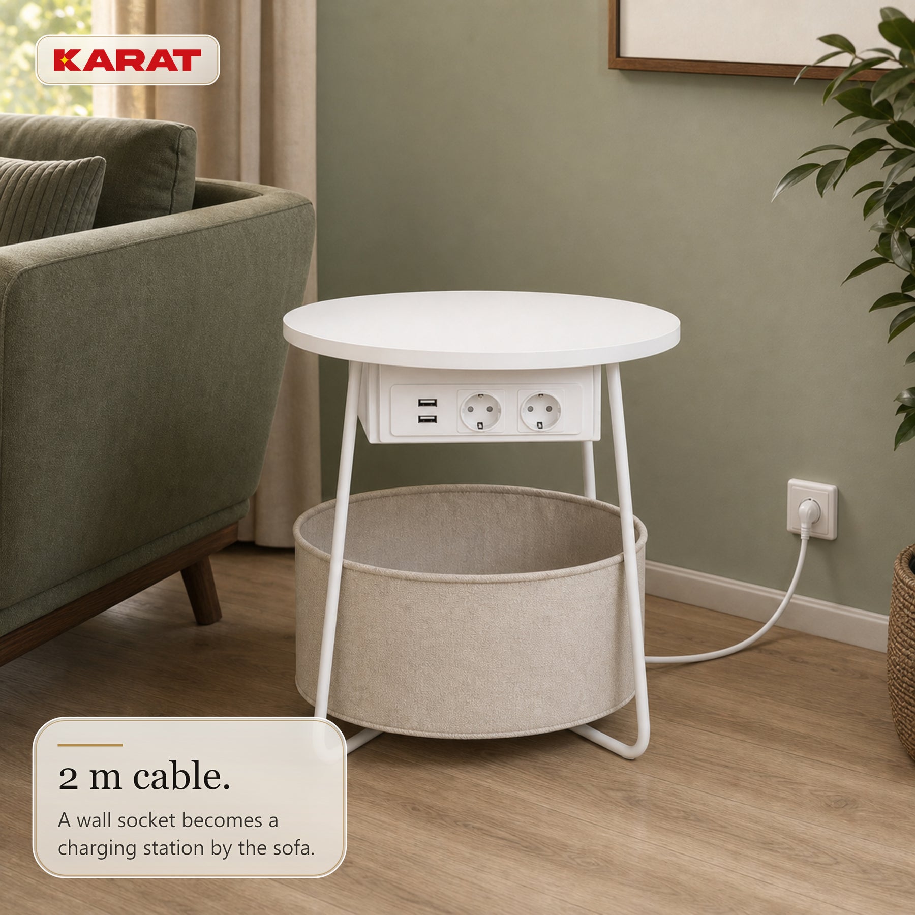 Side Table | Dario | Round Coffee Table with 2 Power Sockets, 2 USB-A & Storage Basket | Ø 45 cm | 4 Colours