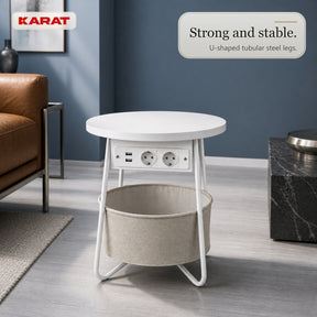 Side Table | Dario | Round Coffee Table with 2 Power Sockets, 2 USB-A & Storage Basket | Ø 45 cm | 4 Colours