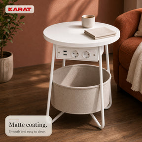 Side Table | Dario | Round Coffee Table with 2 Power Sockets, 2 USB-A & Storage Basket | Ø 45 cm | 4 Colours