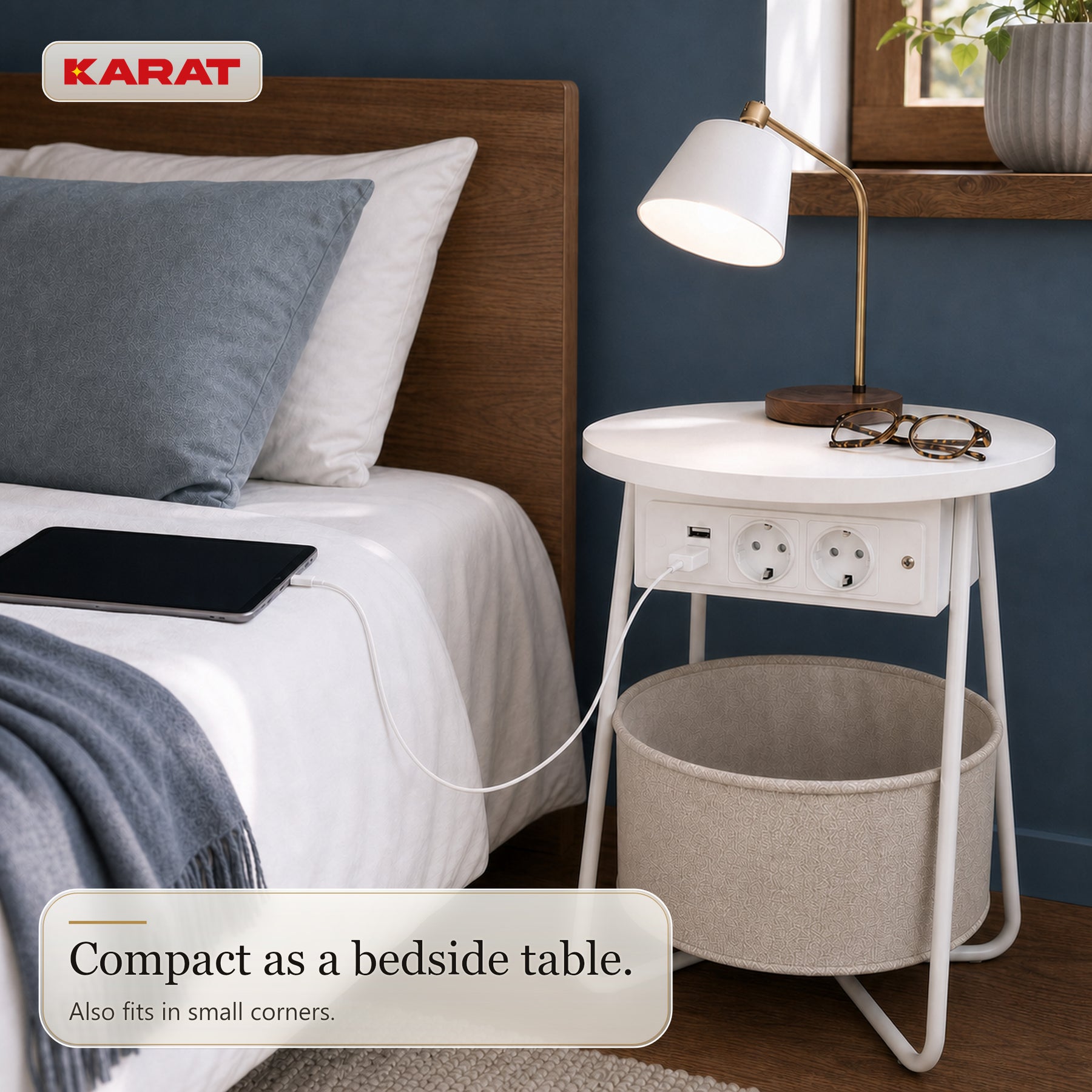 Side Table | Dario | Round Coffee Table with 2 Power Sockets, 2 USB-A & Storage Basket | Ø 45 cm | 4 Colours