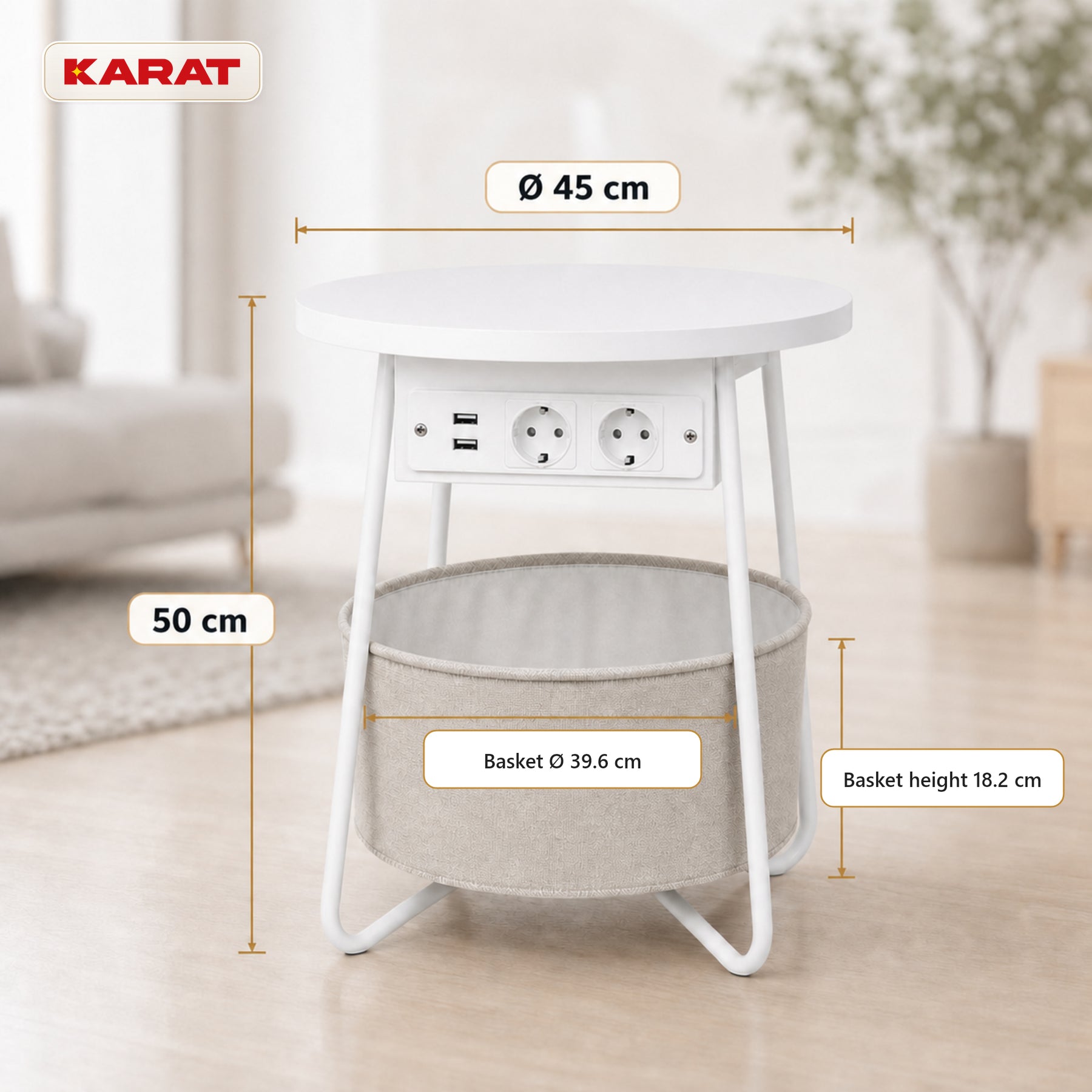 Side Table | Dario | Round Coffee Table with 2 Power Sockets, 2 USB-A & Storage Basket | Ø 45 cm | 4 Colours
