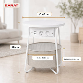 Side Table | Dario | Round Coffee Table with 2 Power Sockets, 2 USB-A & Storage Basket | Ø 45 cm | 4 Colours